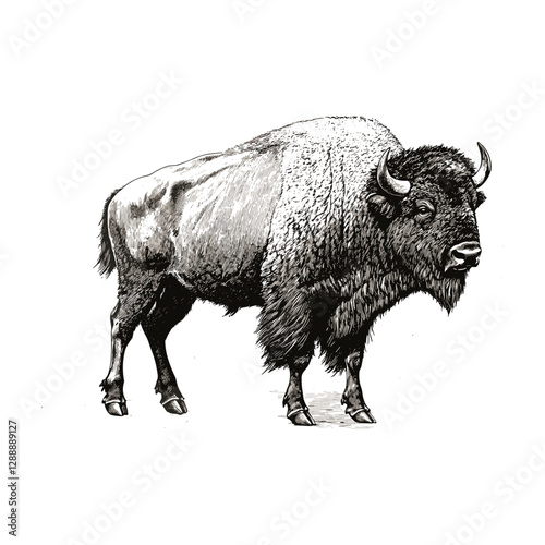 Old engraving style bison illustration, vintage art, black sketch effect, North America wildlife, large animal, vector, print design, trendy, white background, antique style.