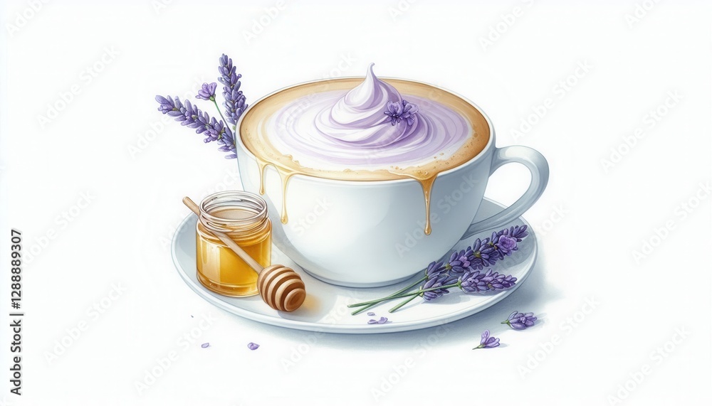 Brewing a lavender honey latte cozy kitchen food photography bright white background fresh ingredients Brewing a lavender honey latte cozy kitchen food photography bright white background fresh ingredients
