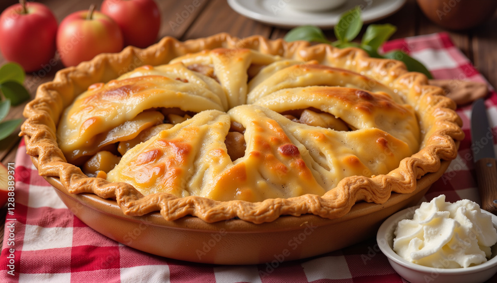 Golden apple pie cooling in cozy kitchen, warm culinary delight Golden apple pie cooling in cozy kitchen, warm culinary delight