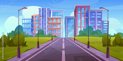 Urban landscape of city, road to town. Vector downtown or suburbs view scenery. Street with lanterns and pavements for citizens. Scene of asphalted path with no transport. Daylight cityscape