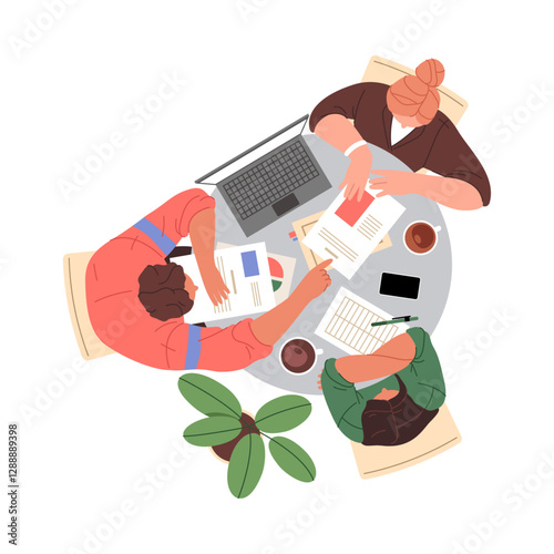 Employees working on project tasks and corporate issues. Vector isolated people brainstorming and dealing with documents. Top view of workers in office loaded with work, documentation teamwork