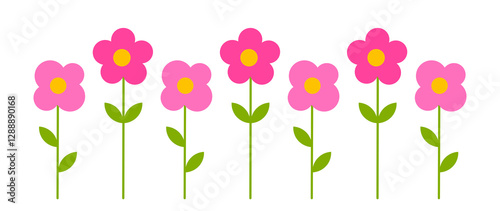Pink flowers isolated on white background. Cute spring cartoon flowers. PNG illustration.