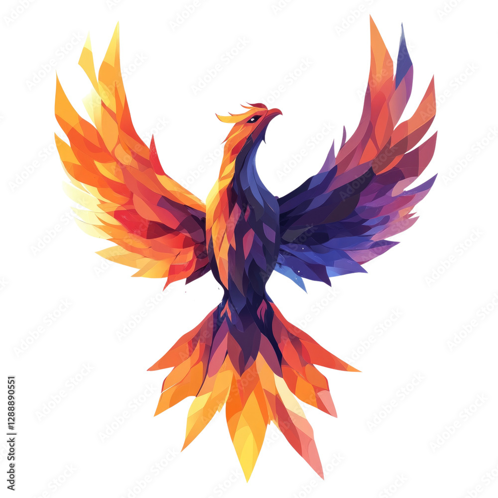 Fototapeta premium Colorful phoenix rising with vibrant flames isolated on transparent background, PNG