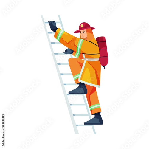 Cool fireman in protective uniform climbing ladder to reach victims of fire trap. Vector flat cartoon character, isolated firefighter with extinguisher to save people from burning building