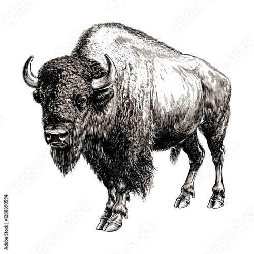 Black sketch effect bison illustration, large animal, vintage art, North America wildlife, print design, old engraving style, hand-drawn, vector, trendy, antique style, white background.