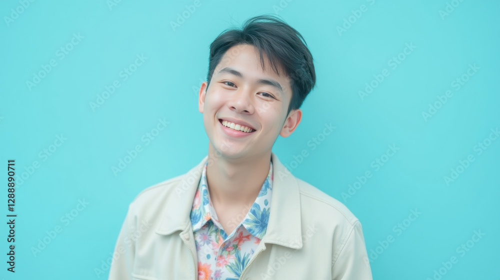 Smiling young man with short hair wearing floral shirt against turquoise background, radiating joy and positivity Smiling young man with short hair wearing floral shirt against turquoise background, radiating joy and positivity