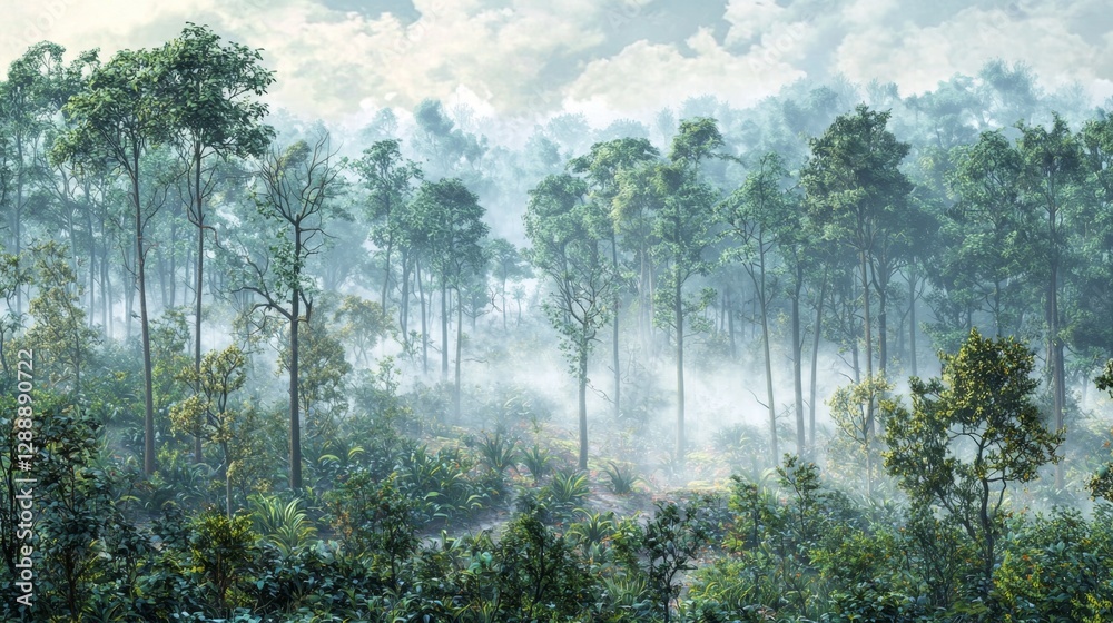 Fototapeta premium Lush Green Forest Landscape with Misty Atmosphere and Vibrant Foliage Under Cloudy Sky