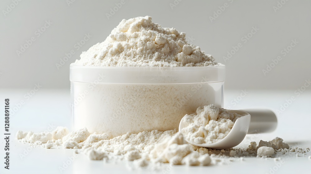 Close Up View of White Powder in a Transparent Container with a Scoop on a Plain Background Close Up View of White Powder in a Transparent Container with a Scoop on a Plain Background