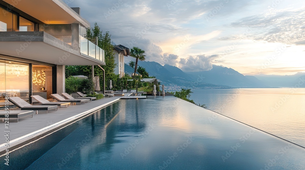 Fototapeta premium A high-end contemporary resort hotel with infinity pools and sleek furniture.