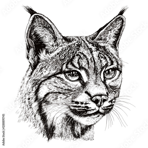 Hand-drawn bobcat, vector print design, wildlife predator, vintage art, black sketch effect, antique style, forest animal, trendy white background, illustration.