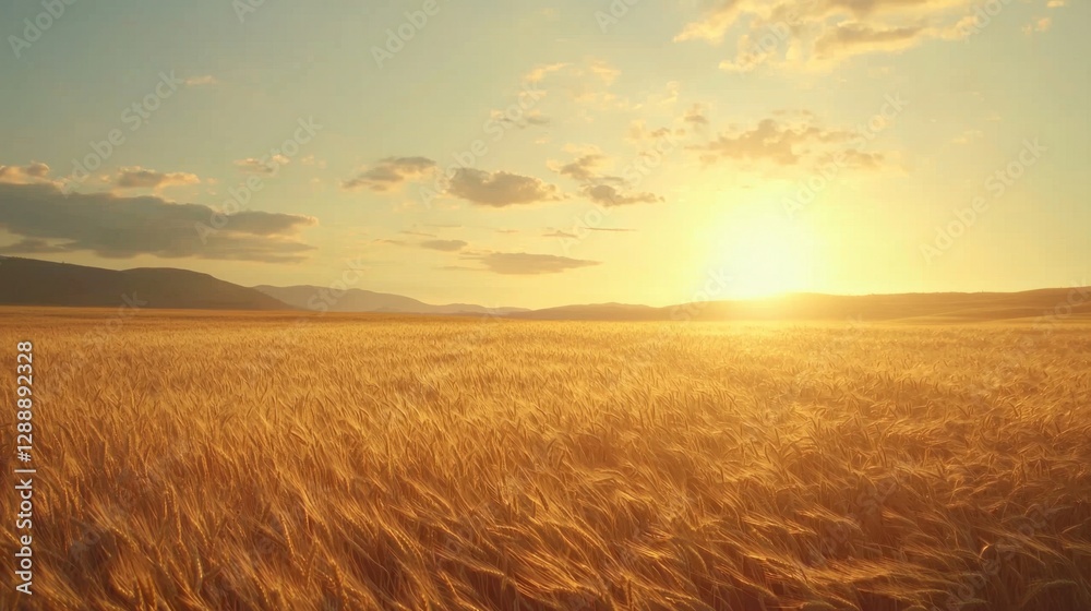 Golden fields stretch beneath a vibrant sunset in a serene rural landscape Golden fields stretch beneath a vibrant sunset in a serene rural landscape