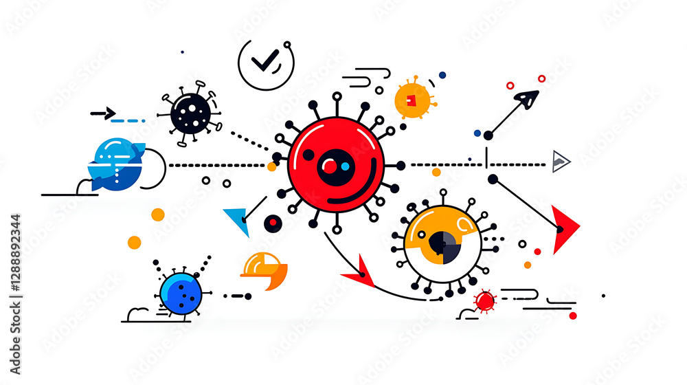 A colorful drawing of a virus with arrows pointing to it. generated using AI A colorful drawing of a virus with arrows pointing to it. generated using AI