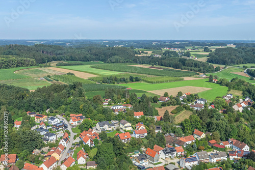Die Marktgemeinde Au in der Hallertau in Oberbayern aus der Vogelperspektive photo