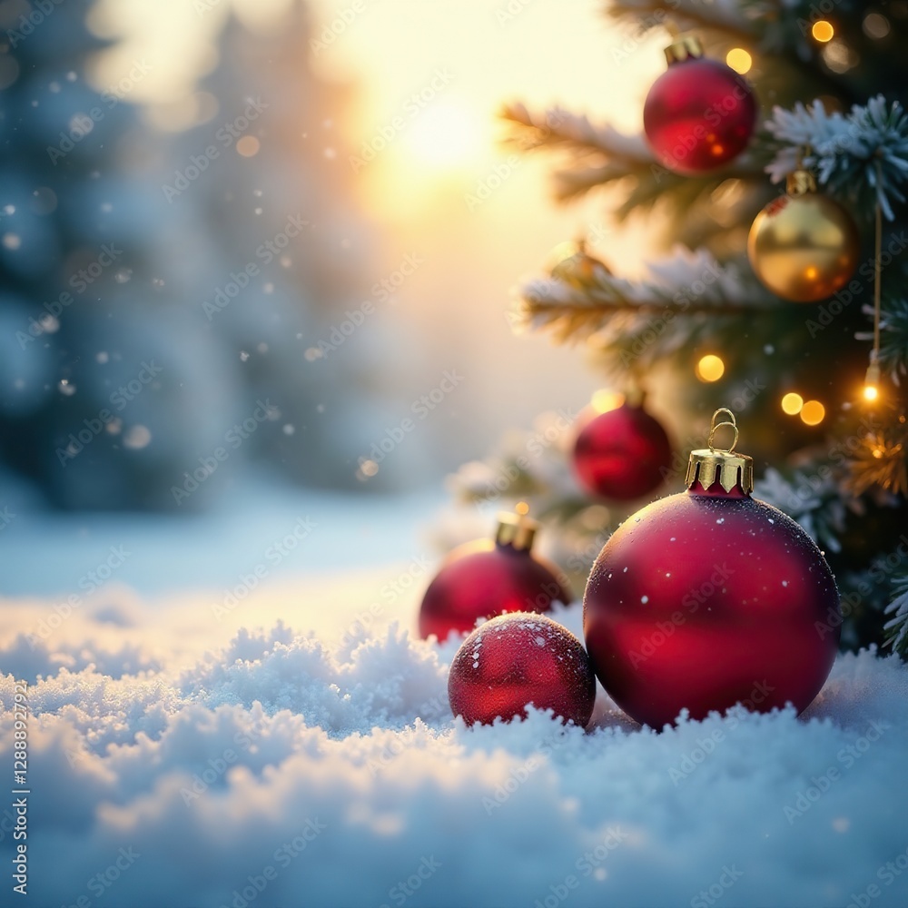 Fototapeta premium Frosty winter scene with golden Christmas background and festive balls, ornaments, festive balls, decorations