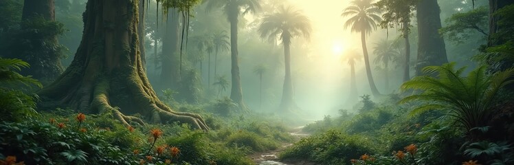 Lush green prehistoric jungle landscape with palm trees in fog. Towering giant megaflora and colossal exotic plants fill background. Rich vivid greens and botanic nature create vibrant jurassic scene.