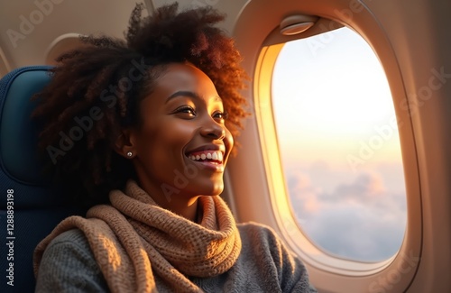 Joyful african woman seated by airplane window during sunset. Passenger smiles, looks at clouds outside. Concept of safe flight, travel, vacation, happy trip in comfortable jet.