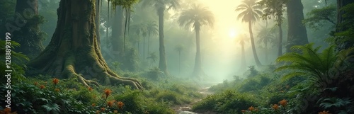 Lush green prehistoric jungle landscape with palm trees in fog. Towering giant megaflora and colossal exotic plants fill background. Rich vivid greens and botanic nature create vibrant jurassic scene.