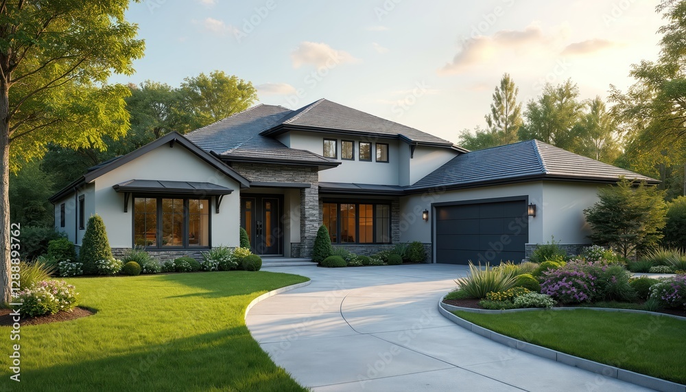Modern luxury house with large yard, green lawn, landscaping, long driveway. Well-kept garden, beautiful flowers. Suburban real estate property, architecture exterior during sunny day. Family home. Modern luxury house with large yard, green lawn, landscaping, long driveway. Well-kept garden, beautiful flowers. Suburban real estate property, architecture exterior during sunny day. Family home.