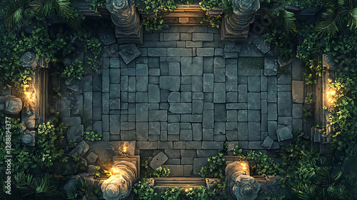 Overhead View Of A Dark Stone Battle Map With Overgrown Ruins And Torches for Game Design Backgrounds and Textures Illustration and Game Assets for