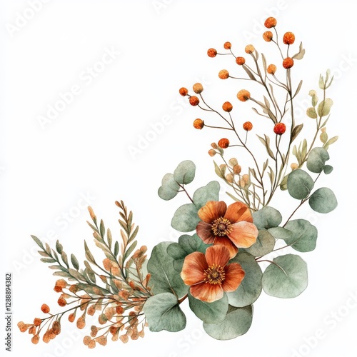 Watercolor Autumn Floral Corner Design Eucalyptus Branches Orange Flowers Botanical Illustration