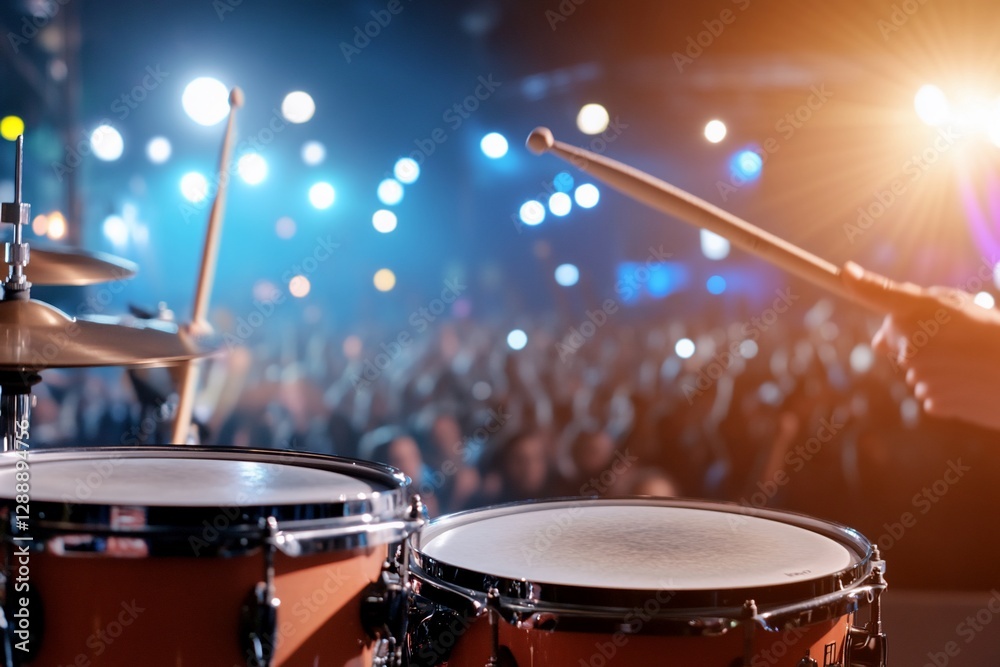 Naklejka premium Drummer's hands holding sticks above drums at a concert.