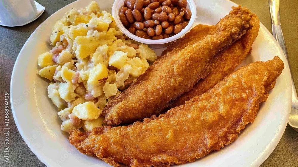 Fried catfish served with smoky baked beans and creamy potato salad for a hearty and satisfying Southern meal. Fried catfish served with smoky baked beans and creamy potato salad for a hearty and satisfying Southern meal.