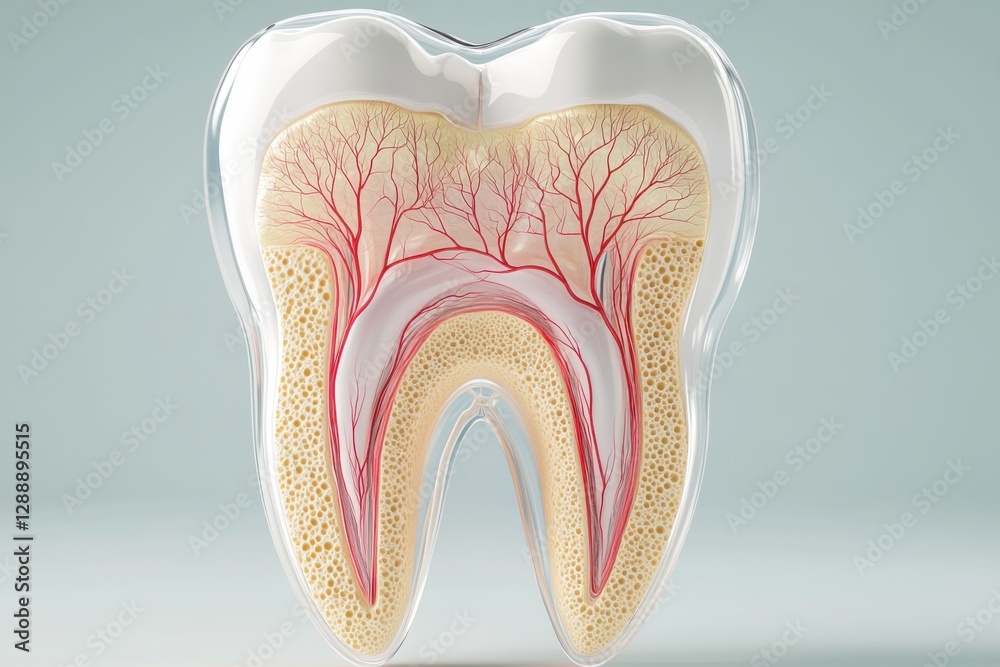 Detailed diagram showing the internal structure and blood vessels of a human tooth, emphasizing dental anatomy and health Detailed diagram showing the internal structure and blood vessels of a human tooth, emphasizing dental anatomy and health