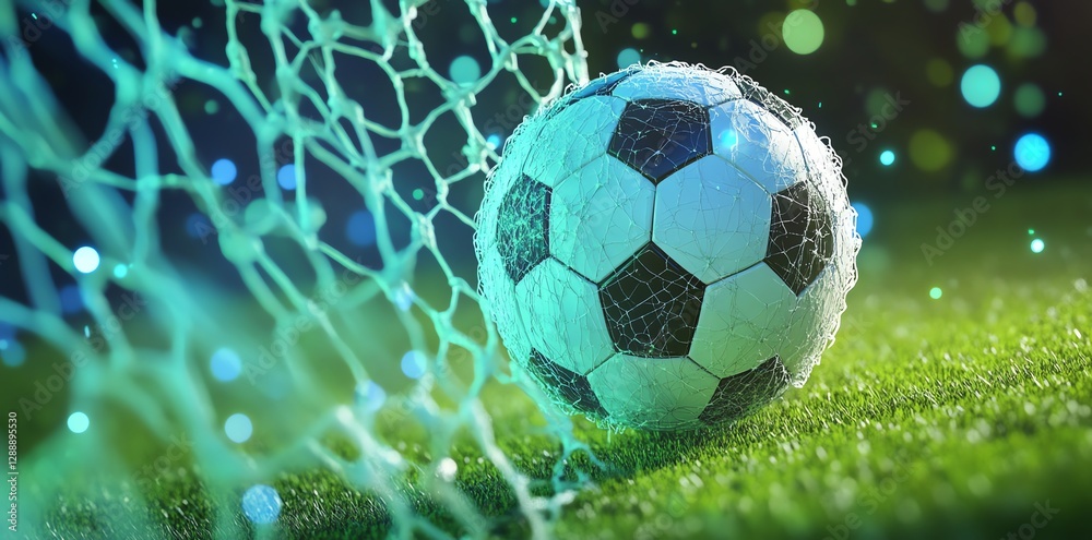 Fototapeta premium Soccer Ball in Net on Green Grass with Blurred Bokeh Lights