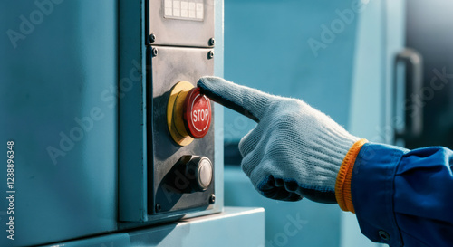 Worker presses stop button on machinery inside industrial facility during maintenance operations