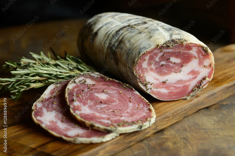 Coppa: Italian Raw Ham and Pork Meat on Wooden Board with Spices Coppa: Italian Raw Ham and Pork Meat on Wooden Board with Spices