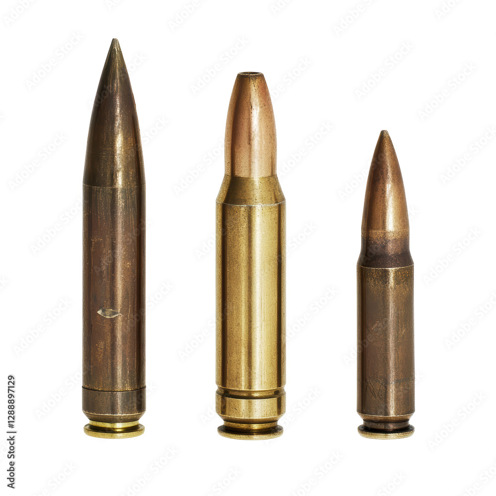 Isolated Lineup of Brass Rifle Cartridges for Shooting Isolated Lineup of Brass Rifle Cartridges for Shooting