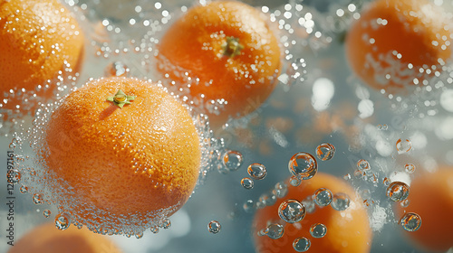 A hyper-realistic close-up of whole oranges floating in sparkling water. The oranges have vibrant orange peels with a slightly textured surface, dotted with tiny droplets of water that catch soft, dif photo