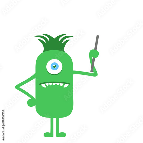 Monstrous Instructor: A cartoon illustration of a one-eyed green monster, holding a pointer stick, poses with authority in a fun classroom setting, with a neutral background.