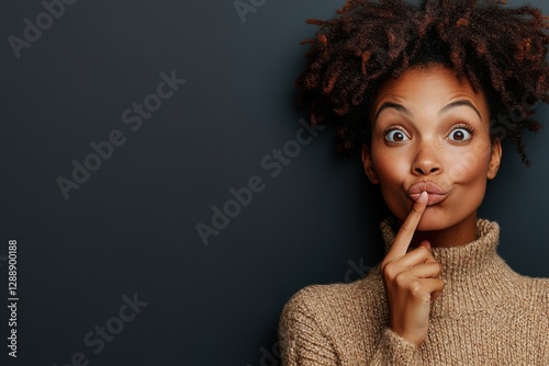 Woman with curly hair making a playful gesture while wearing a cozy sweater in a studio with a neutral background