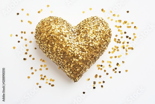 Shimmering gold heart surrounded by scattered golden confetti perfect for celebrations, events, or art projects highlighting love and joy