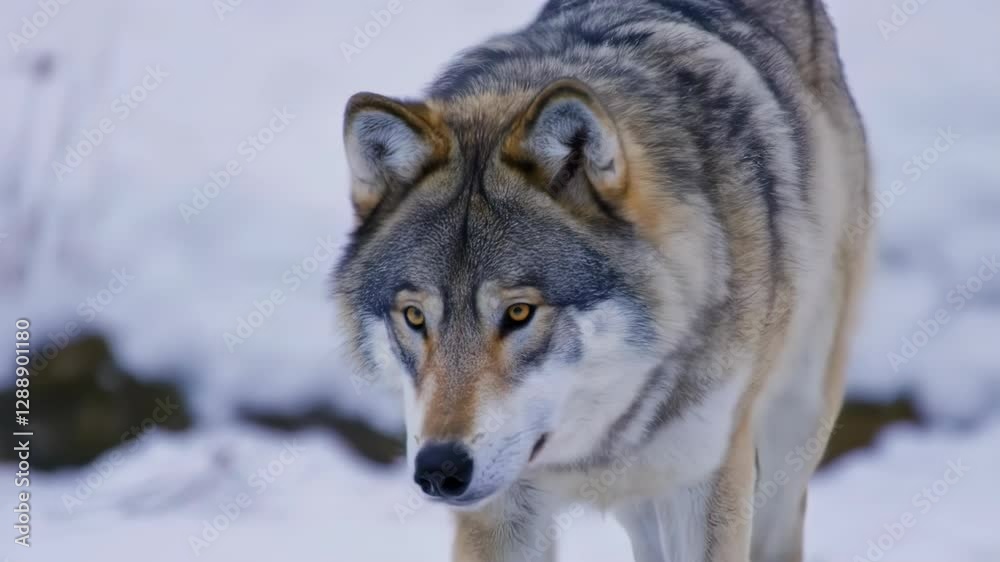 A majestic grey wolf stands alert in a snowy forest with light snowfall, its golden eyes focused, exuding strength and resilience. A majestic grey wolf stands alert in a snowy forest with light snowfall, its golden eyes focused, exuding strength and resilience.