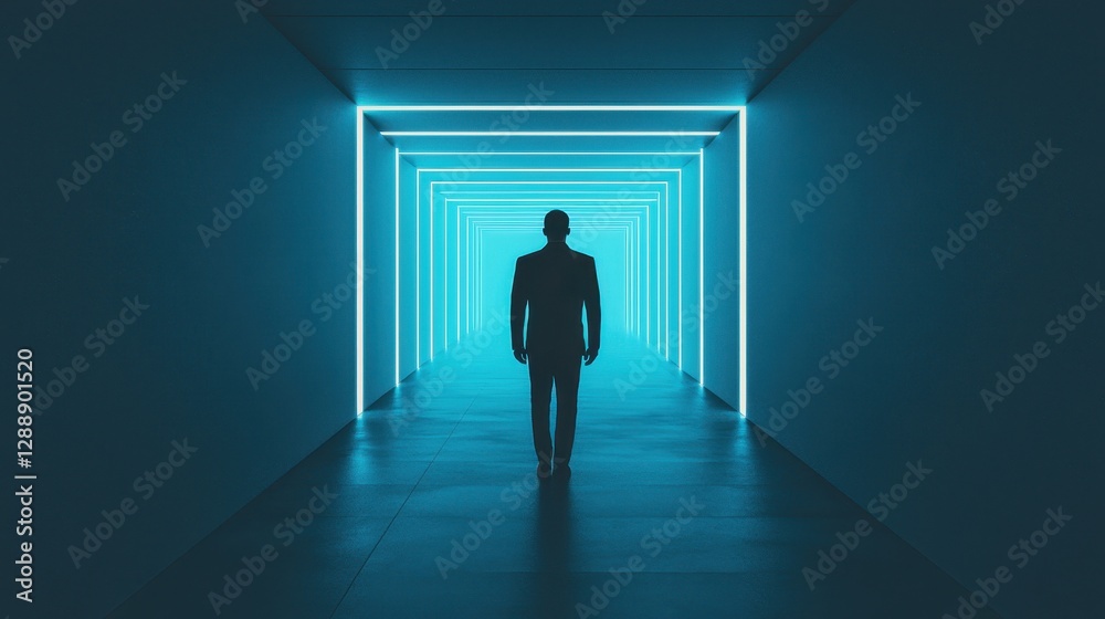 Obraz premium A figure walks through a glowing blue tunnel, creating a sense of mystery and contemplation in a modern, futuristic setting.