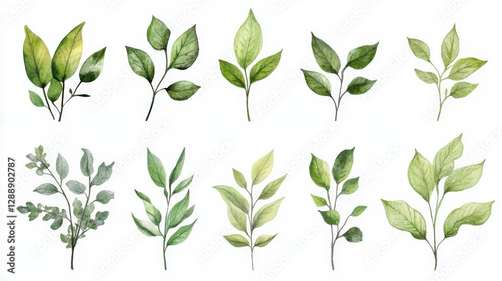 Watercolor Green Leaves Botanical Illustrations Set Elegant Greenery Branches for Design Projects