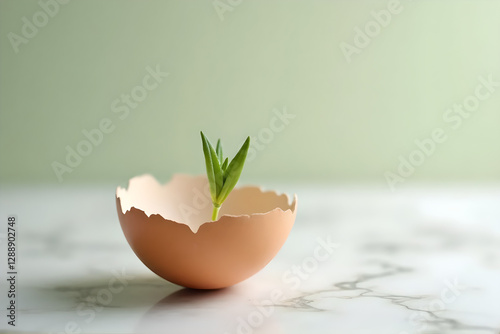 Eggshell With Sprout In Style Of Nature-Inspired Photography For Fresh Spring Themes Cracked Pastel Eggshell Small Green Sprout Marble Surface