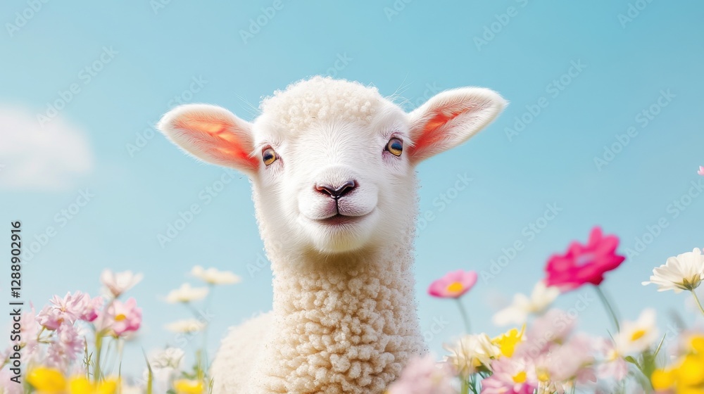 Young sheep stands among colorful wildflowers under a bright blue sky during a sunny spring day in a serene countryside setting Young sheep stands among colorful wildflowers under a bright blue sky during a sunny spring day in a serene countryside setting