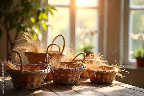 Dried Straw and Woven Baskets on Old Wooden Table In style of High-resolution Realistic Photograph For Easter and Rustic Background Use with Warm Natural Light and Copy Space