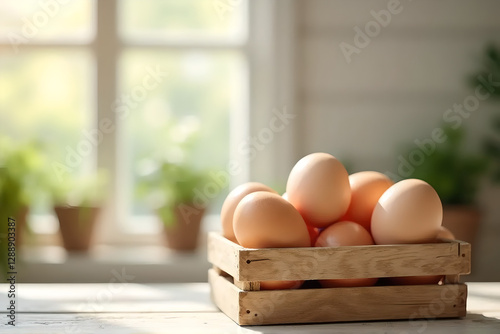 Farm Fresh Eggs in Rustic Wooden Crate In style of High-resolution Realistic Photograph For Easter and Rustic Background Use with Natural Light and Copy Space