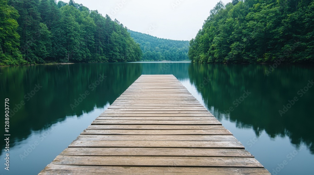 A serene wooden dock extends into a calm lake, surrounded by lush greenery and distant mountains, reflecting a peaceful natural landscape. A serene wooden dock extends into a calm lake, surrounded by lush greenery and distant mountains, reflecting a peaceful natural landscape.