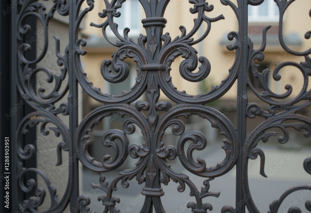 Wrought iron gate featuring a symmetrical design with elegant curves and pointed tips Wrought iron gate featuring a symmetrical design with elegant curves and pointed tips