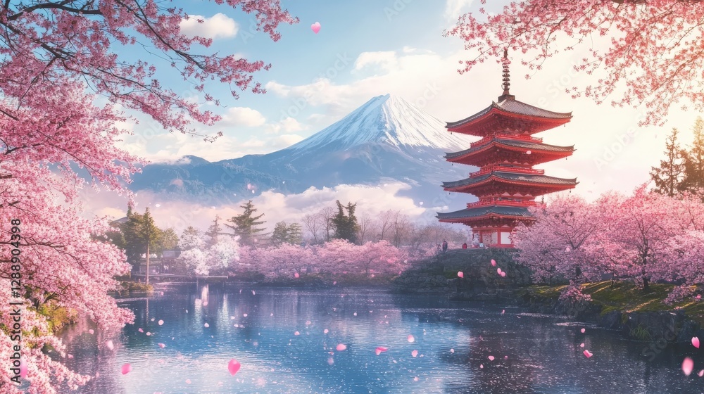 Obraz premium Pink cherry blossoms and Japanese style pagoda
