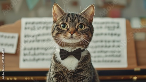 A stylish cat in a bow tie sits elegantly in front of a music sheet, exuding charm and personality in a playful setting.