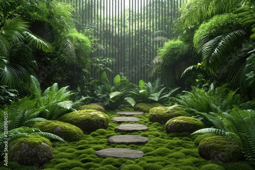 Lush greenery surrounds serene path, inviting tranquility and na