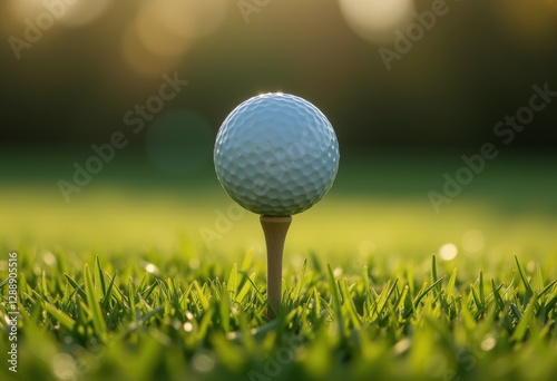  Golf ball on a tee with a clear focus against a blurred green golf course background