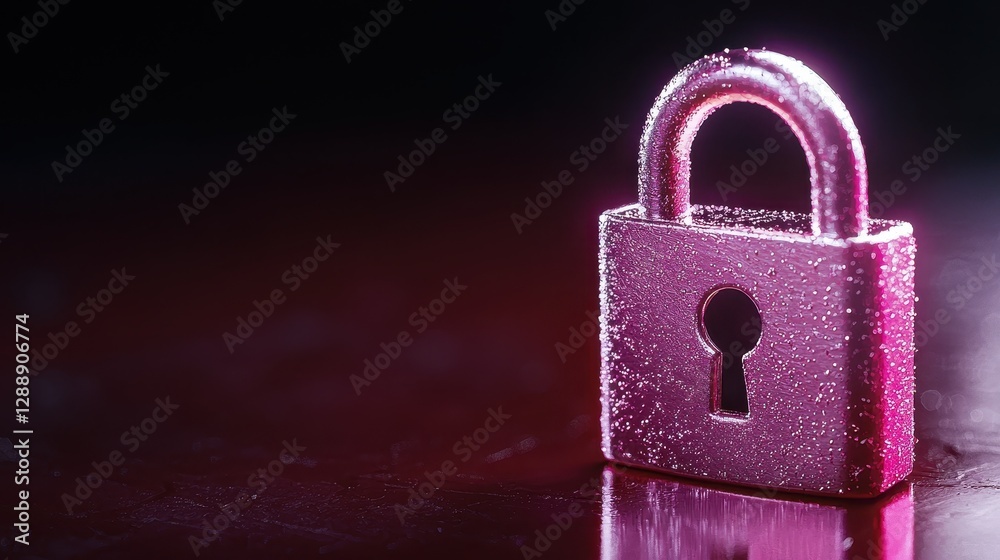 Fototapeta premium A shiny pink padlock rests on a reflective surface, illuminated by soft light, suggesting themes of security and protection.