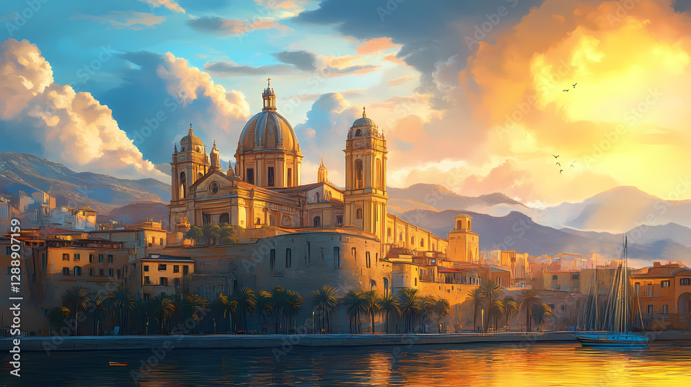 Fototapeta premium Italian arancini golden and crispy, palermo s historic cathedrals glowing under sunset. Time-Warped Cathedral. Illustration